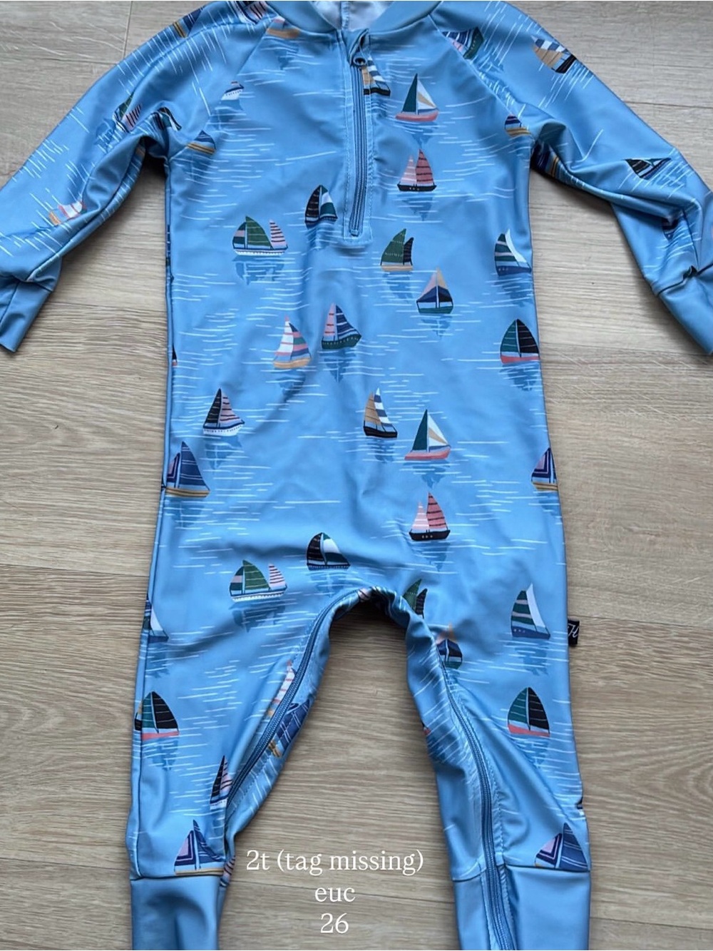 Light Blue Sailboat Print Kids One-Piece Swimsuit with Front Zip